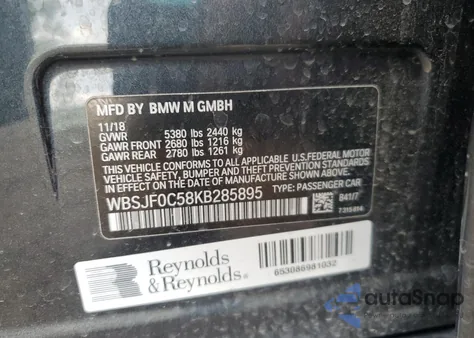 2019 BMW M5 из США, поврежденный, VIN WBSJF0C58KB285895